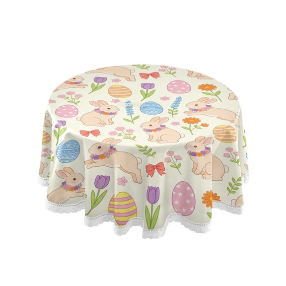 60 Inch Round Tablecloth with White Lace Trim Fall Table Cover for Elegant Dining Decor Light Peach Rabbit Pattern