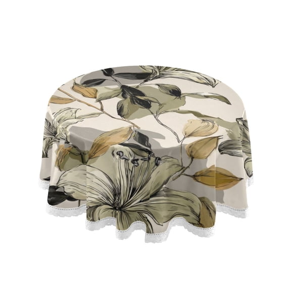 60 Inch Round Tablecloth with White Lace Trim Fall Table Cover for Elegant Dining Decor Lily Motifs Pattern