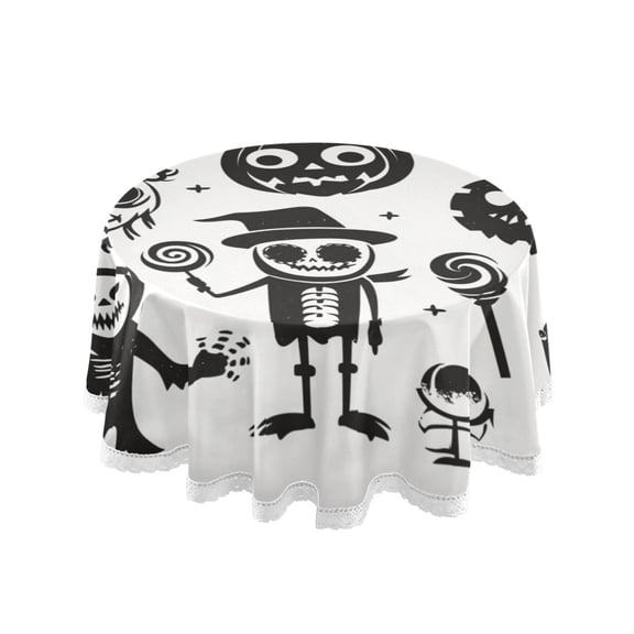 60 Inch Round Tablecloth with White Lace Trim Fall Table Cover for Elegant Dining Decor Logo with Various Halloween