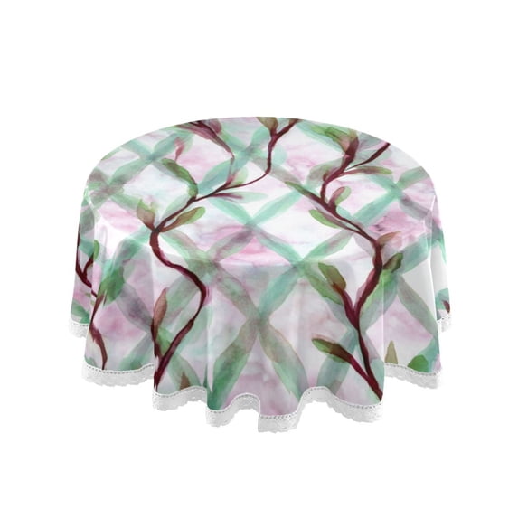 60 Inch Round Tablecloth with White Lace Trim Fall Table Cover for Elegant Dining Decor Mint Green Vines