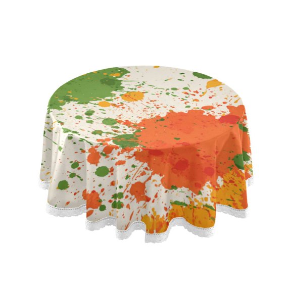 60 Inch Round Tablecloth with White Lace Trim Fall Table Cover for Elegant Dining Decor Paint Splatter Pattern