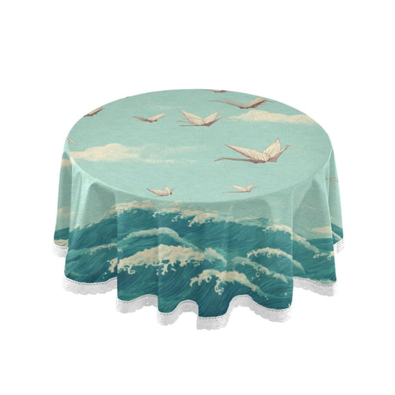 60 Inch Round Tablecloth with White Lace Trim Fall Table Cover for Elegant Dining Decor Paper Cranes Pattern