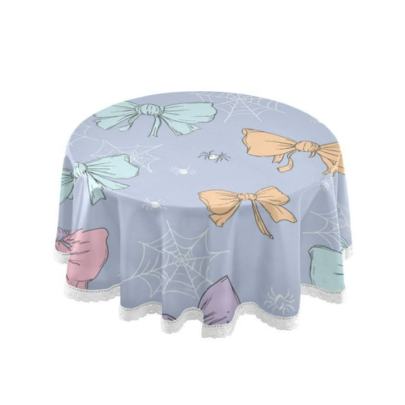 60 Inch Round Tablecloth with White Lace Trim Fall Table Cover for Elegant Dining Decor Pastel-colored Bows and Spider Webs