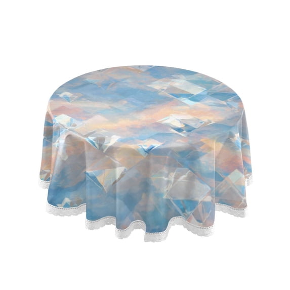 60 Inch Round Tablecloth with White Lace Trim Fall Table Cover for Elegant Dining Decor Peach and Blue Rhombus
