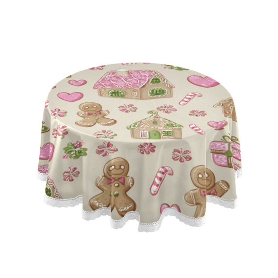 60 Inch Round Tablecloth with White Lace Trim Fall Table Cover for Elegant Dining Decor Pink Cute Christmas Pattern