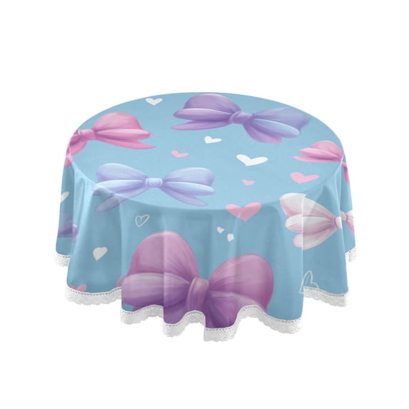 60 Inch Round Tablecloth with White Lace Trim Fall Table Cover for Elegant Dining Decor Pink and Purple Bows