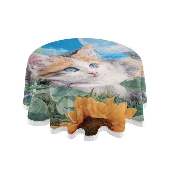 60 Inch Round Tablecloth with White Lace Trim Fall Table Cover for Elegant Dining Decor Playful Cat Lying Sunflowers