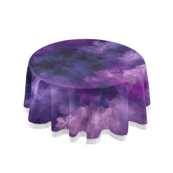 60 Inch Round Tablecloth with White Lace Trim Fall Table Cover for Elegant Dining Decor Purple and Black Tie-dye Texture