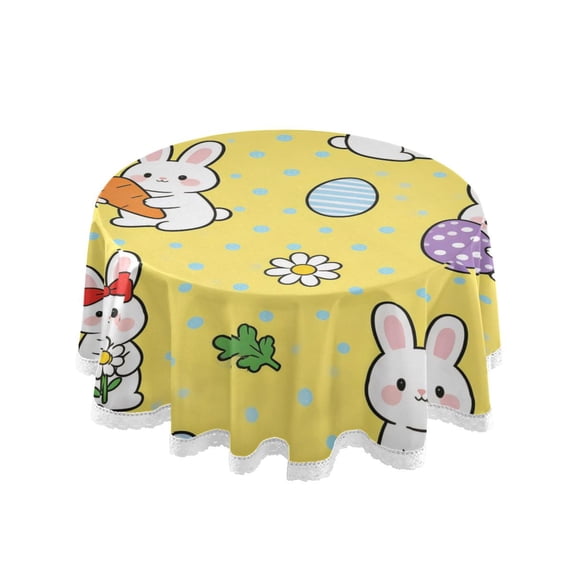 60 Inch Round Tablecloth with White Lace Trim Fall Table Cover for Elegant Dining Decor Rabbits Holding Various Things