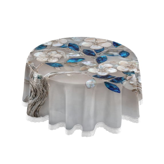 60 Inch Round Tablecloth with White Lace Trim Fall Table Cover for Elegant Dining Decor Stunning Tree