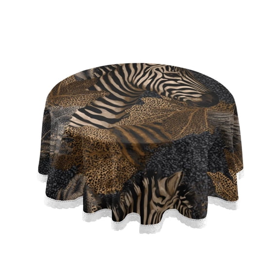 60 Inch Round Tablecloth with White Lace Trim Fall Table Cover for Elegant Dining Decor Zebra Print