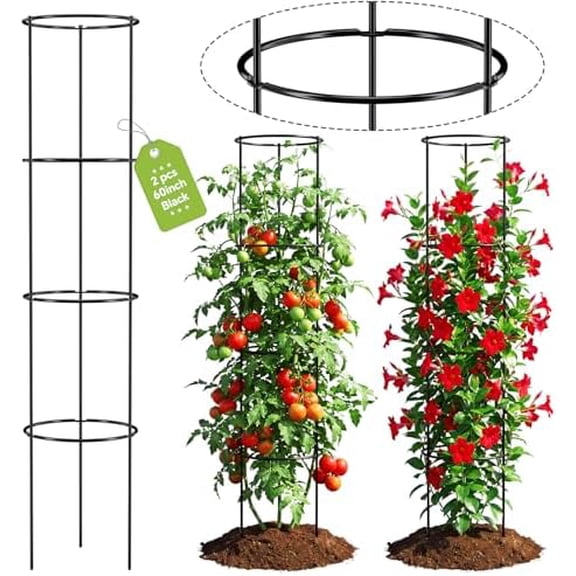 60 Inch Round Tomato Cages for Garden - 2 Pack Heavy Duty Metal Tomato Trellis Plant Support, Adjustable Height & Stackable, Easy Assembly for Outdoor Climbing Plants