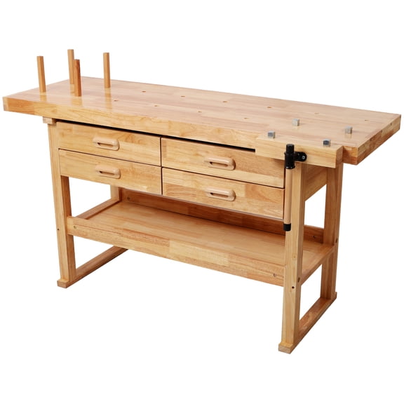 60-Inch Rubber Hardwood Workbench with 4 Drawers, 330LBS Heavy Duty Portable Work Bench, Woodworking Table for Garage, Workshop & Home Storage