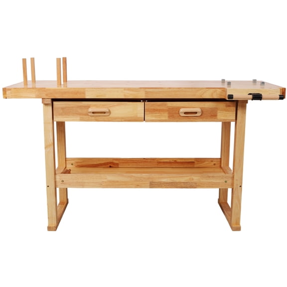 60 Inch Rubberwood Solid Wood Workbench, Natural Finish with 2 Drawers & Open Lower Shelf, 330 LBS Load Capacity Woodworking Table for Garage Workshop