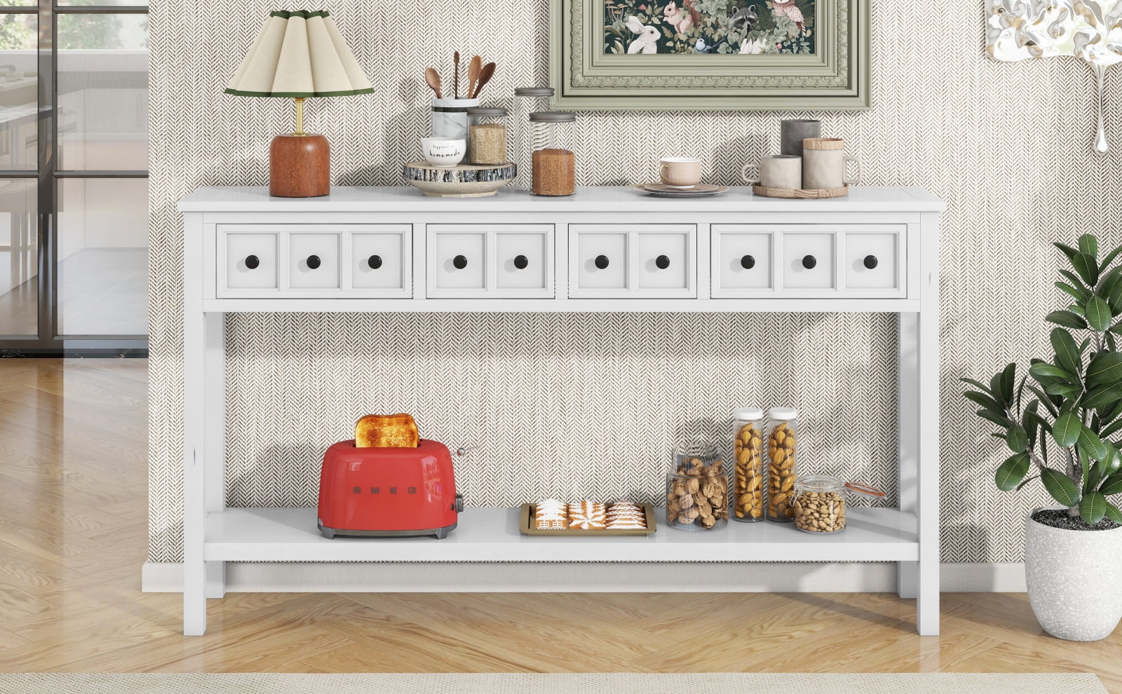 60-Inch Rustic Entryway Console Table, Long Sofa Table with 2 Small Drawers and 2 Larger Drawers, Bottom Shelf for Storage (Antique White)