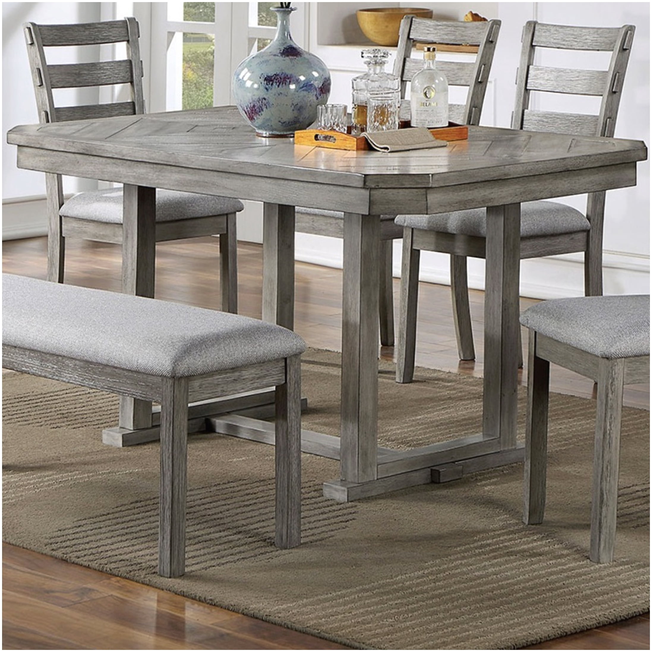 60 Inch Rustic Gray Dining Table with Trestle Base for 6 - Wire Brushed ...