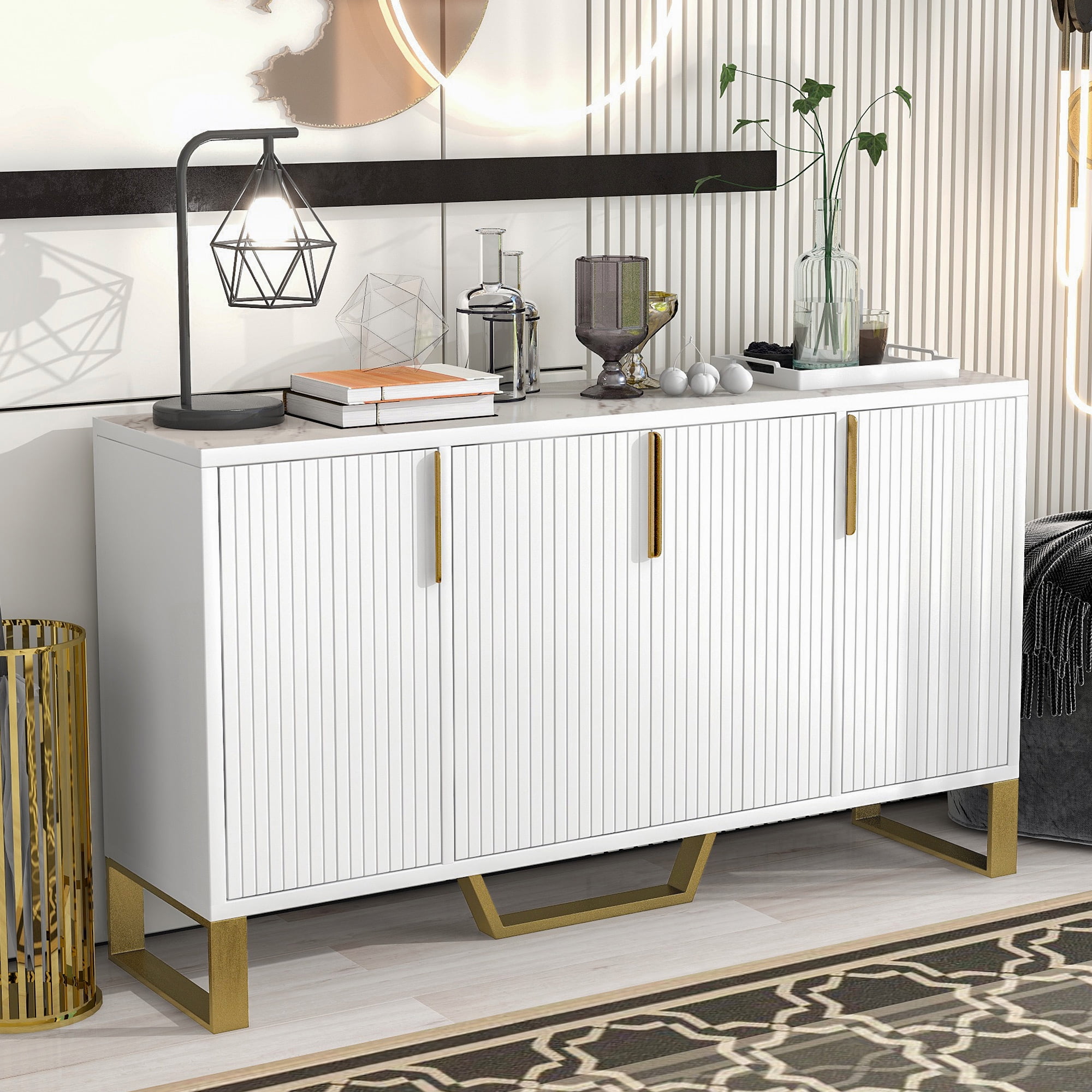 60" White Modern Sideboard with Gold Metal Legs and Marble Top