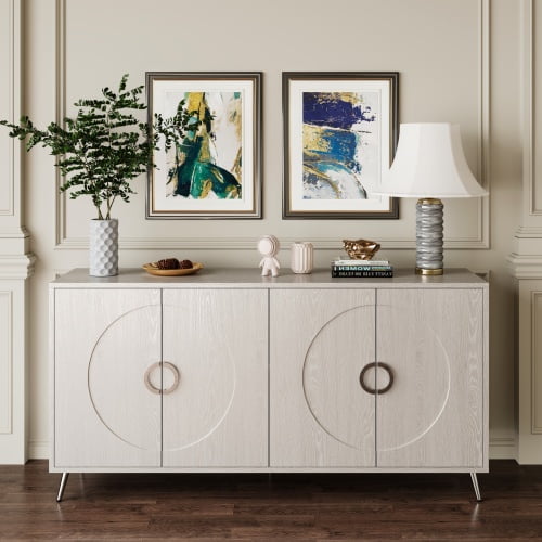 60 Inch Sideboard Cabinet, Italian Modern Buffet Storage Credenza, 4-Door Embossed Design with Gold Handles, Adjustable Shelves, Dining Living Room Entryway, Champagne