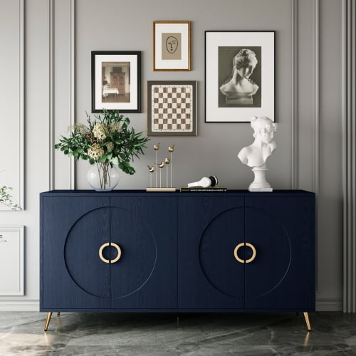60 Inch Sideboard Cabinet, Italian Modern Buffet Storage Credenza, 4-Door Embossed Design with Gold Handles, Adjustable Shelves, Dining Living Room Entryway, Navy Blue