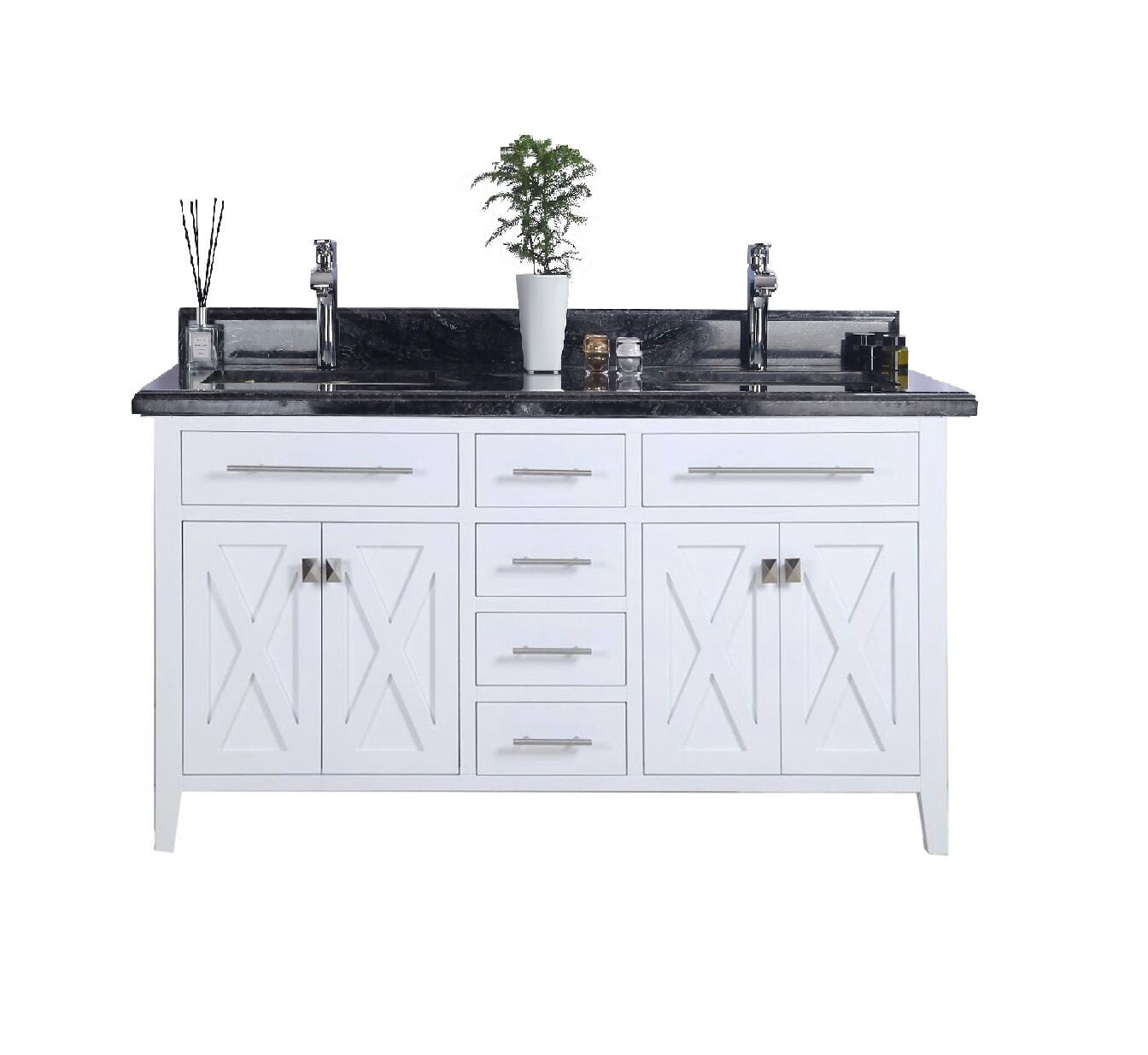 60 - Inch Single Sink Bathroom Vanity White Cabinet With Black Wood Counter - Color White - Laviva