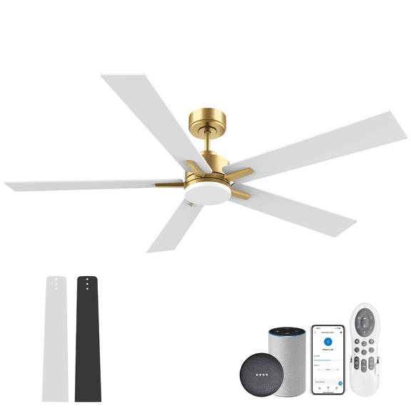 60 Inch Smart Ceiling Fan with Lights Remote,Control via Voice Alexa Google App Wifi,Silent DC Motor,Dimmable,Outdoor Indoor Modern Ceiling Fans for Large Bedroom Living Room Patio,Gold White Black