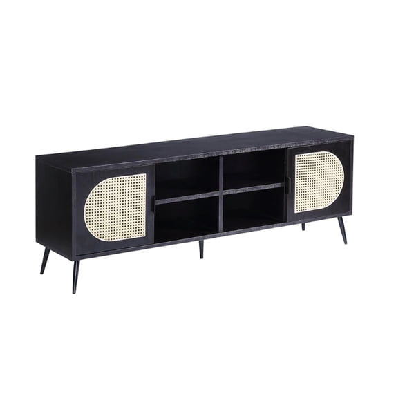 60 Inch TV Entertainment Center Rattan Front 2 Cabinet Metal Legs Black - Saltoro Sherpi
