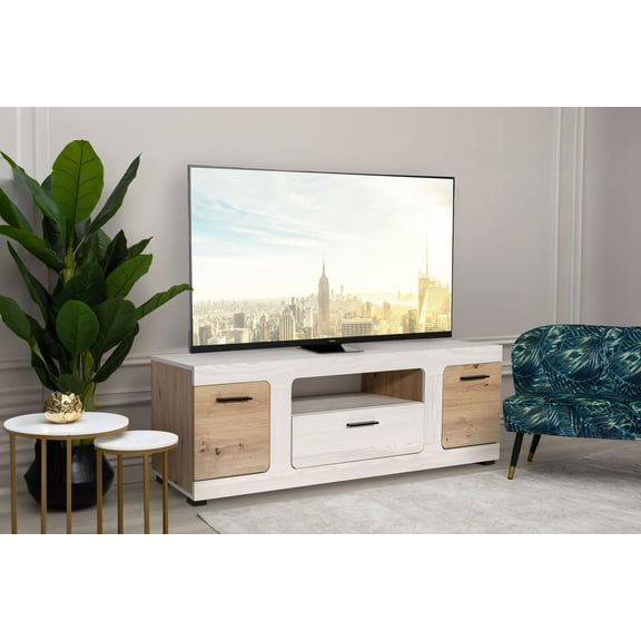60" Inch TV Stand Console Entertainment Center for TVs up to 70with Ample Storage Space Living Room or Bedroom in White Ash Finish.