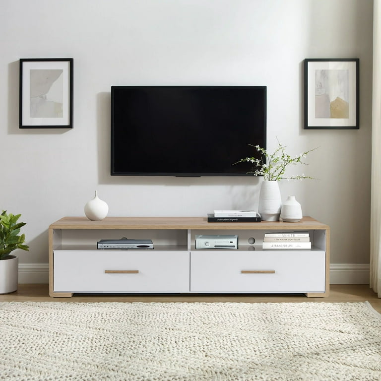 60 Inch TV Stand Console with Two Drawers 2 Compartments for Flat Screen TV s up to 70 for Living Room in Coastal Oak and White