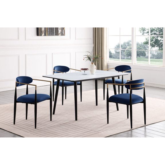 60 - Inch Table with Blue Fabric Upholstered Chairs / 5 - Piece Dining Set