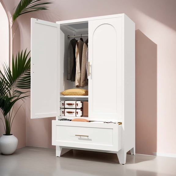 60-Inch Tall Metal Wardrobe Cabinet with Drawer & Hanging Rod, 2-Door Steel Closet with Adjustable Shelf, White
