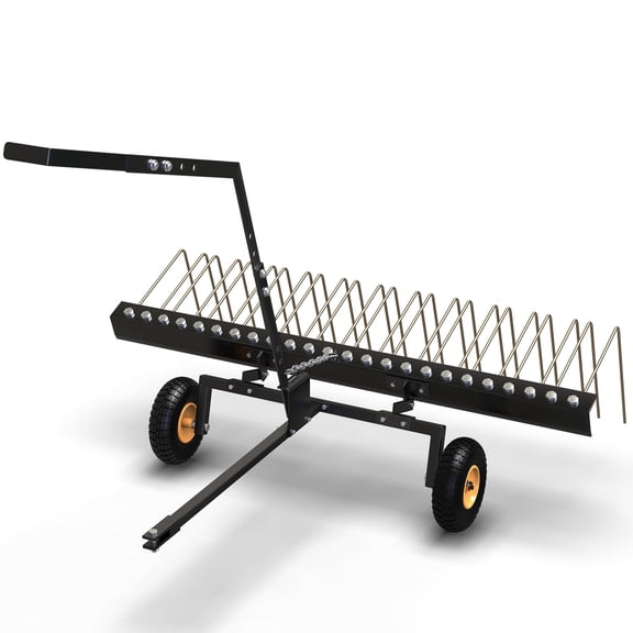 60-Inch Tow Behind Lawn Dethatcher,24 Durable Spring Steel Tines Lawn dethatcher, Designed to pull behind Lawn and Garden Tractors, Lift Handle for Leaves, Pine Needles, and Grass, Black