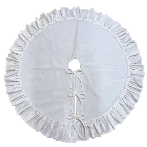 60 Inch Velvet Christmas Tree Skirt with Ruffled Hem Pearls and Bow Ties,Luxury Plush Round Tree Skirt, Classic Farmhouse Style for Indoor Christmas Home Decorations-White