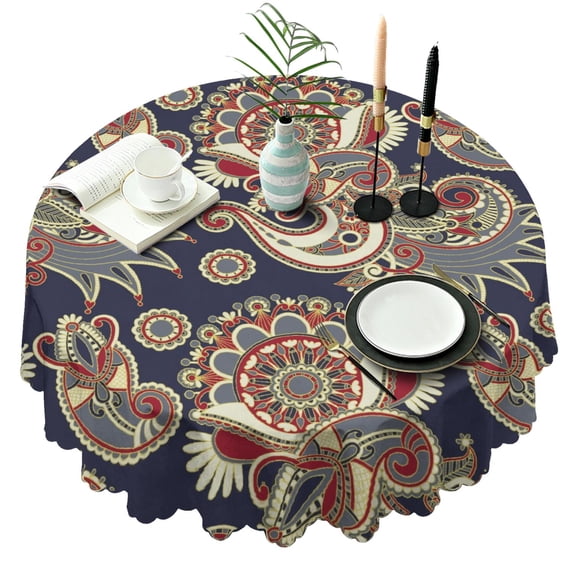 60 Inch Vintage Paisley Round Tablecloth Incorporating Floral Pattern Table Cover Durable Fabric for Kitchen Dining