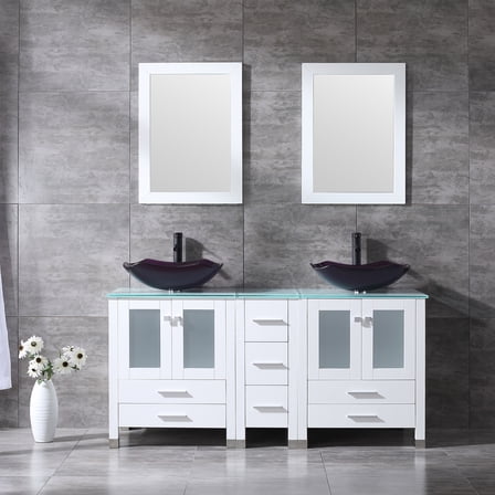 60 Inch White Bathroom Vanity Cabinet Optional Double Sink Combo Tempered Glass Top Mirror