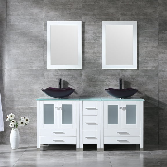 60 Inch White Bathroom Vanity Cabinet Optional Double Sink Combo Tempered Glass Top Mirror