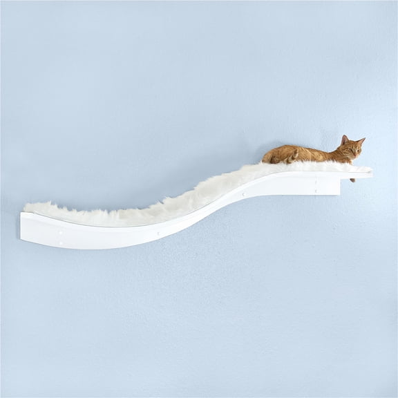60 Inch White Cat Shelf Right Facing Lotus Shape, Replaceable Velcro Carpet, Heavy Duty Wall Anchors for Climbing Perching Cats, White
