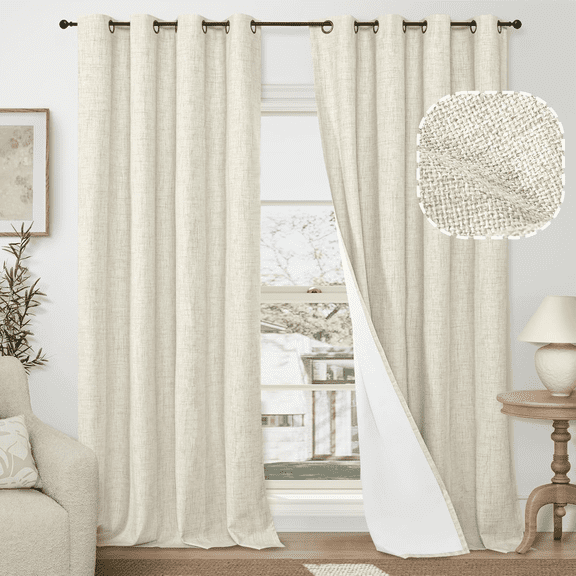 60 Inch Wide Linen Blackout Curtains for Living Room/Bedroom 84 Inch Length 2 Panels, Total Black Out Thermal Insulated Soundproof Grommet Boho Window Drapes White Liner for Modern Farmhouse, Natural