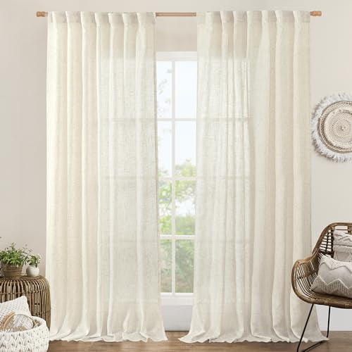 60 Inch Wide Linen Curtains 95 Inches Long, Ivory Cream Light Filtering Faux Linen Textured Bedroom Panels Semi Sheer Back Tab and Rod Pocket Boho Drapes for Living Room/Farmhouse, 2 Panels