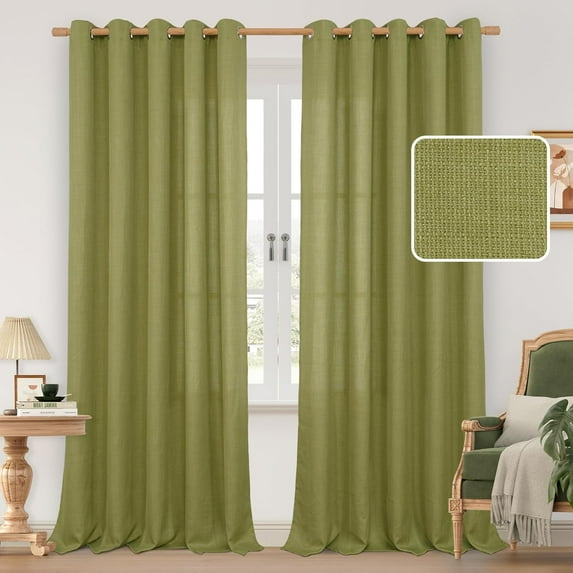 60 Inch Wide Linen Curtains for Bedroom, 84 Inch Faux Linen Textured Light Filtering Privacy Olive Green Drapes Grommet Sheer Panels for Living Room, 2 Panels, 60 x 84 Inch