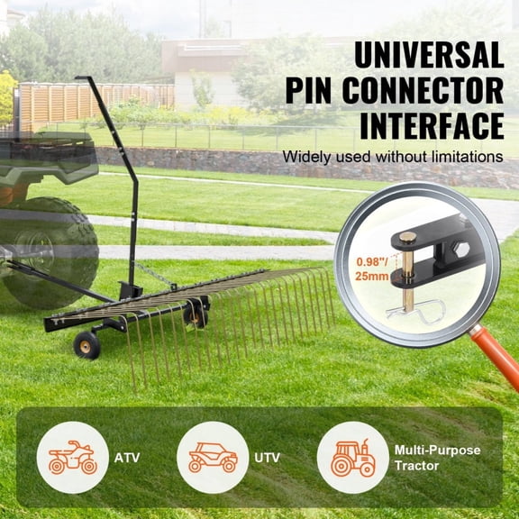 60 Inch Wide Tow Behind Dethatcher Rake With 24 Sharp Steel Tines Lift Handle For Atv Mower Lawn Care Leaves Pine Needles Grass Removal