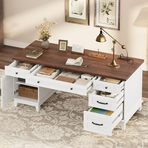 60 Inch Wooden Home Office Desk with File Drawers & Power Outlet, Farmhouse Executive Work Table with Adjustable Storage Cabinet for Work, Study