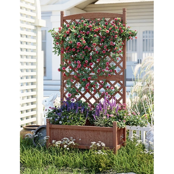 60 Inch Wooden Raised Garden Bed with Trellis & Wheels Freestanding Outdoor Planter Box with Drainage Vertical Planter for Climbing Plants, Flowers, Vegetables