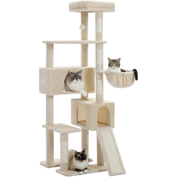 60 Inches Cat Tower, Cat Tree with Dual Condos, Spacious Perch, Cozy Basket and Scratching Posts for Indoor Cats, Beige