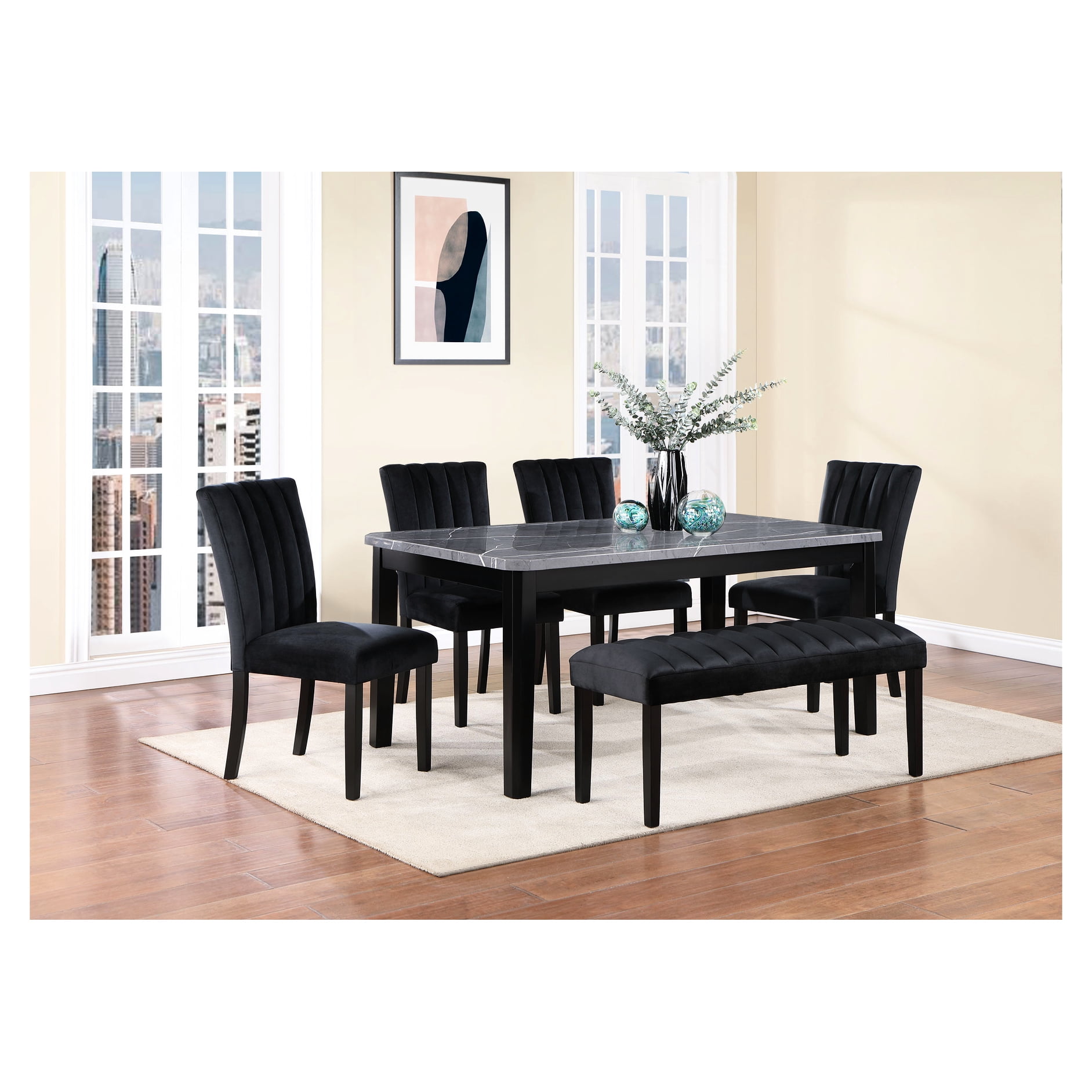 60 Inches Long Dining Table - Dark Gray Faux Marble Top With 4 Chairs ...