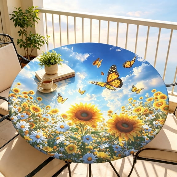 60 Inches Round Sunflower Tablecloth, Butterfly Print Dining Cover For Outdoor, Decorative Circle Table Protector For Home,Blue - 150Cm