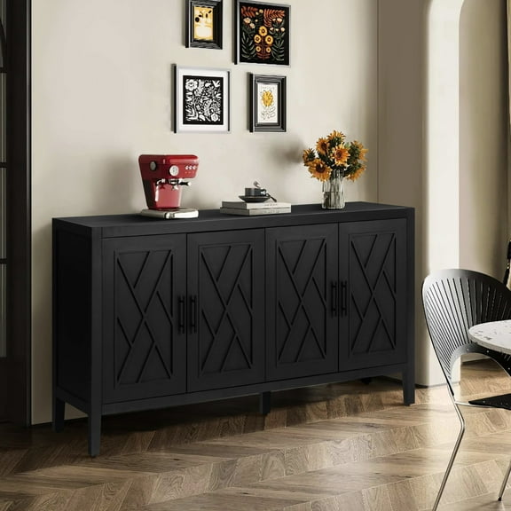 60 Inches Sideboard With 4 Doors And Adjustable Shelf, Buffet For Bedroom (antique Black Storage Cabinet Hallway