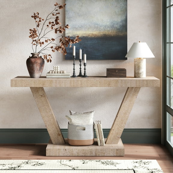 60 Inches Vintage Distressed Wood Entryway Bench, 2-Tier Solid Wood Veneer Storage Cabinet, Antique Natural for Hallway/Living Room