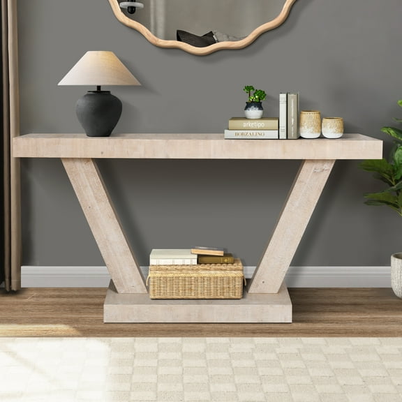 60 Inches Vintage Distressed Wood Entryway Bench with 2-Tier Solid Wood Veneer Storage Cabinet, Rustic Wide Design for Hallway, Living Room & Behind Sofa, Antique Natural