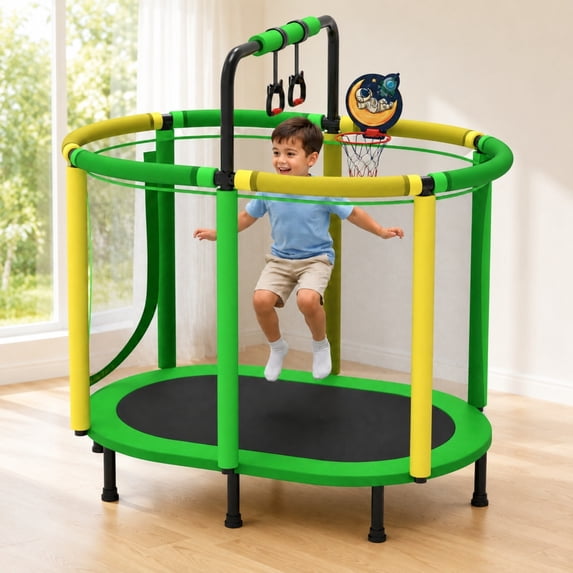 60" Kids Trampoline with Safety Enclosure Net, Basketball Hoop, Adjustable Gymnastics Bar and Rings, SHINPT Mini Indoor and Outdoor Trampoline, Green