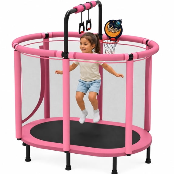 60" Kids Trampoline with Safety Enclosure Net, Basketball Hoop, Adjustable Gymnastics Bar and Rings, SHINPT Mini Indoor and Outdoor Trampoline, Pink